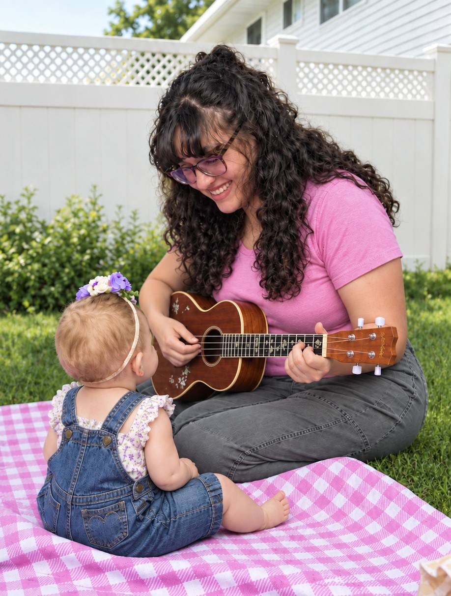 Maddie playing ukulele for a baby on a picnic blanket